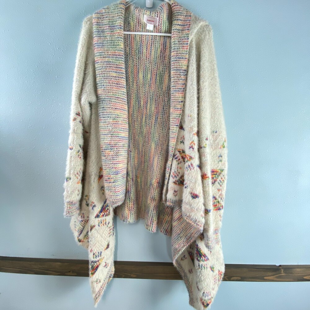 Kamana Cream Multicolor South Western Waterfall Open Front Fuzzy Cardigan S